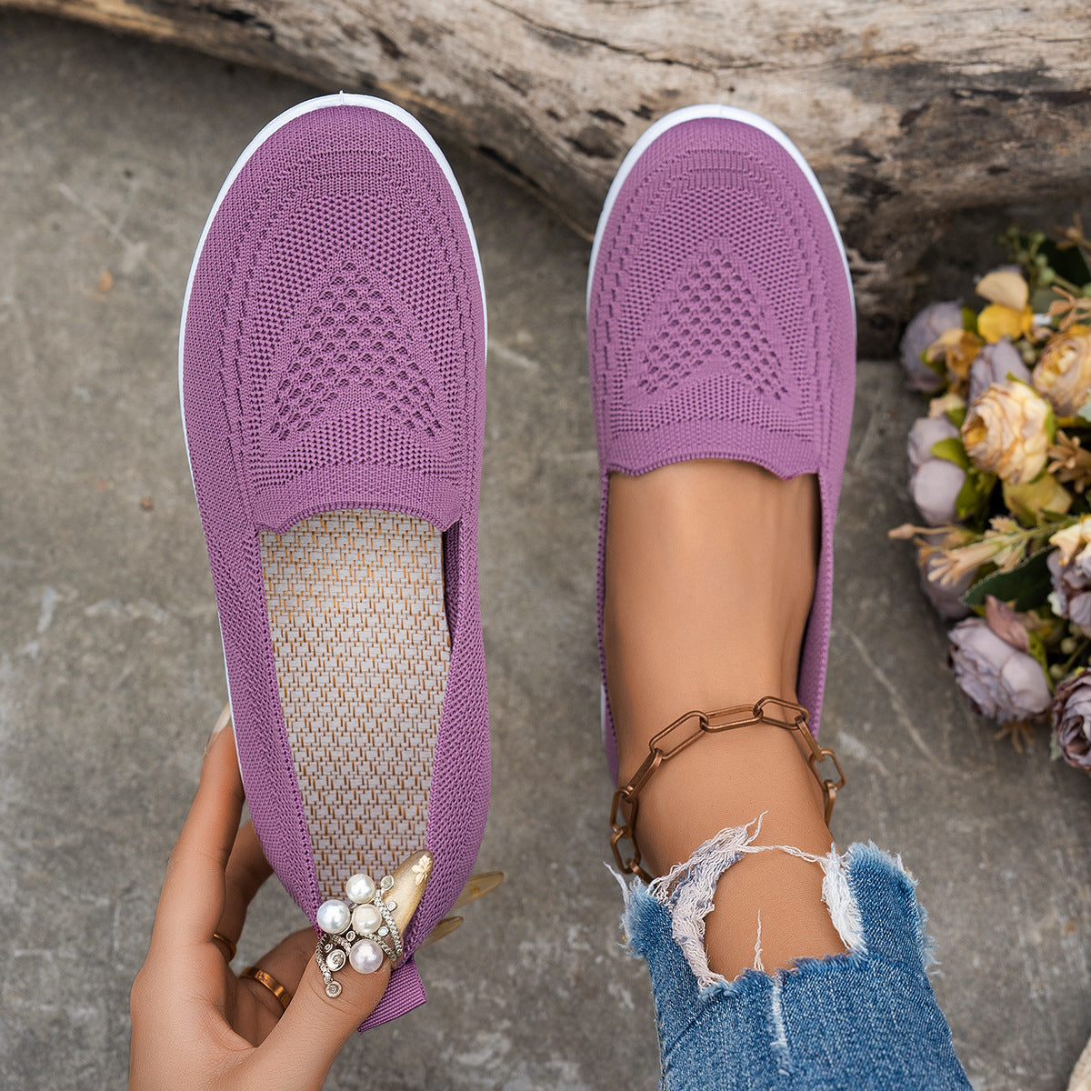 Purple mesh low-top women's summer casual shoes with flat heel and round toe