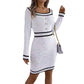 Women's long-sleeved sweater hip skirt dress in white with black trim and buttons, mid waist, street fashion style