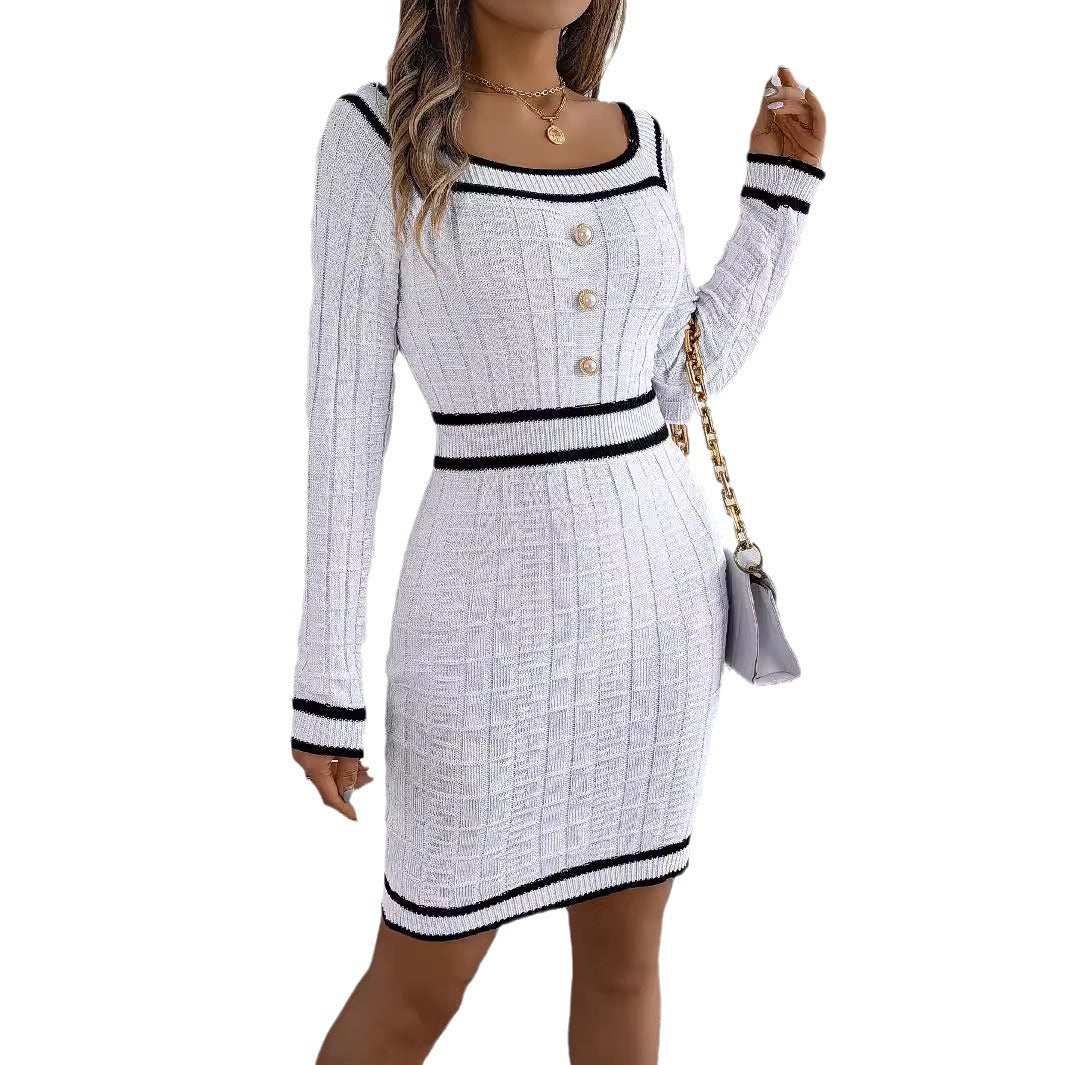 Women's long-sleeved sweater hip skirt dress in white with black trim and buttons, mid waist, street fashion style