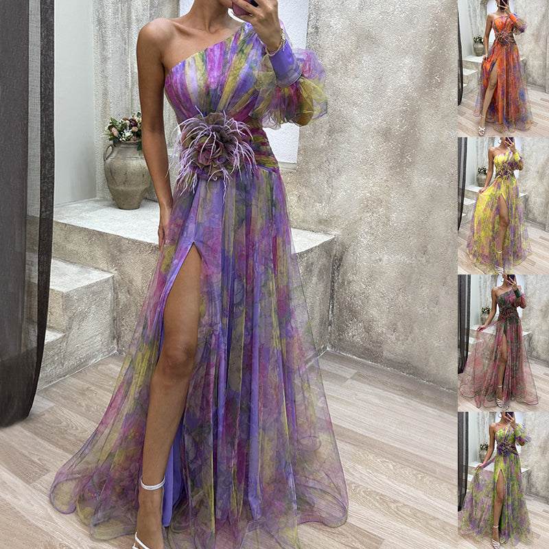 Mesh tie-dye printed off-shoulder slit long summer dress with floral pattern and mid waist design