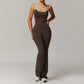woman wearing Solid Beauty-back long pants jumpsuit yoga fitness slim bodysuit in brown