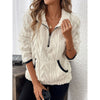 Women's plush sweater with contrast color half-open collar in white, long sleeves, and front pockets