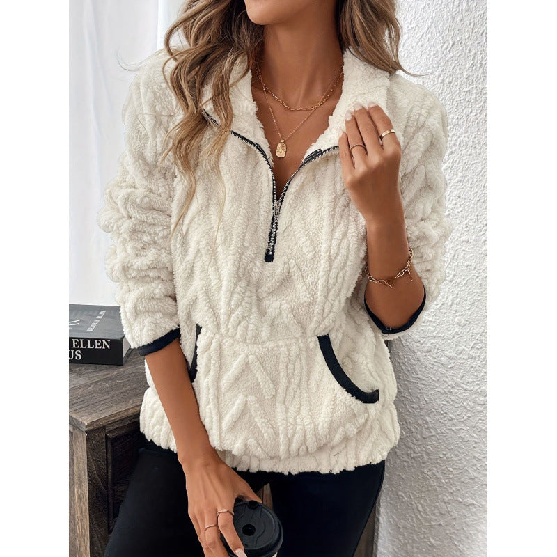 Women's plush sweater with contrast color half-open collar in white, long sleeves, and front pockets