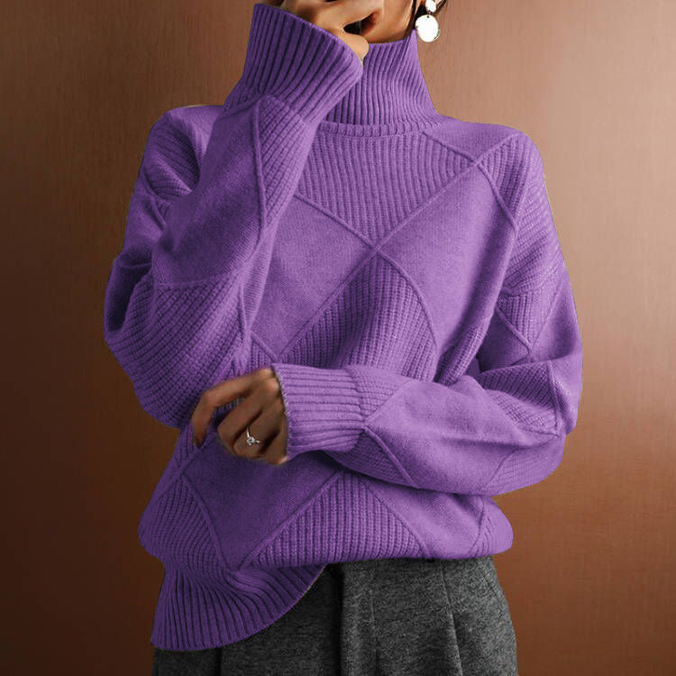 Loose high collar thick knitted purple sweater for women with 3D pattern and casual fit