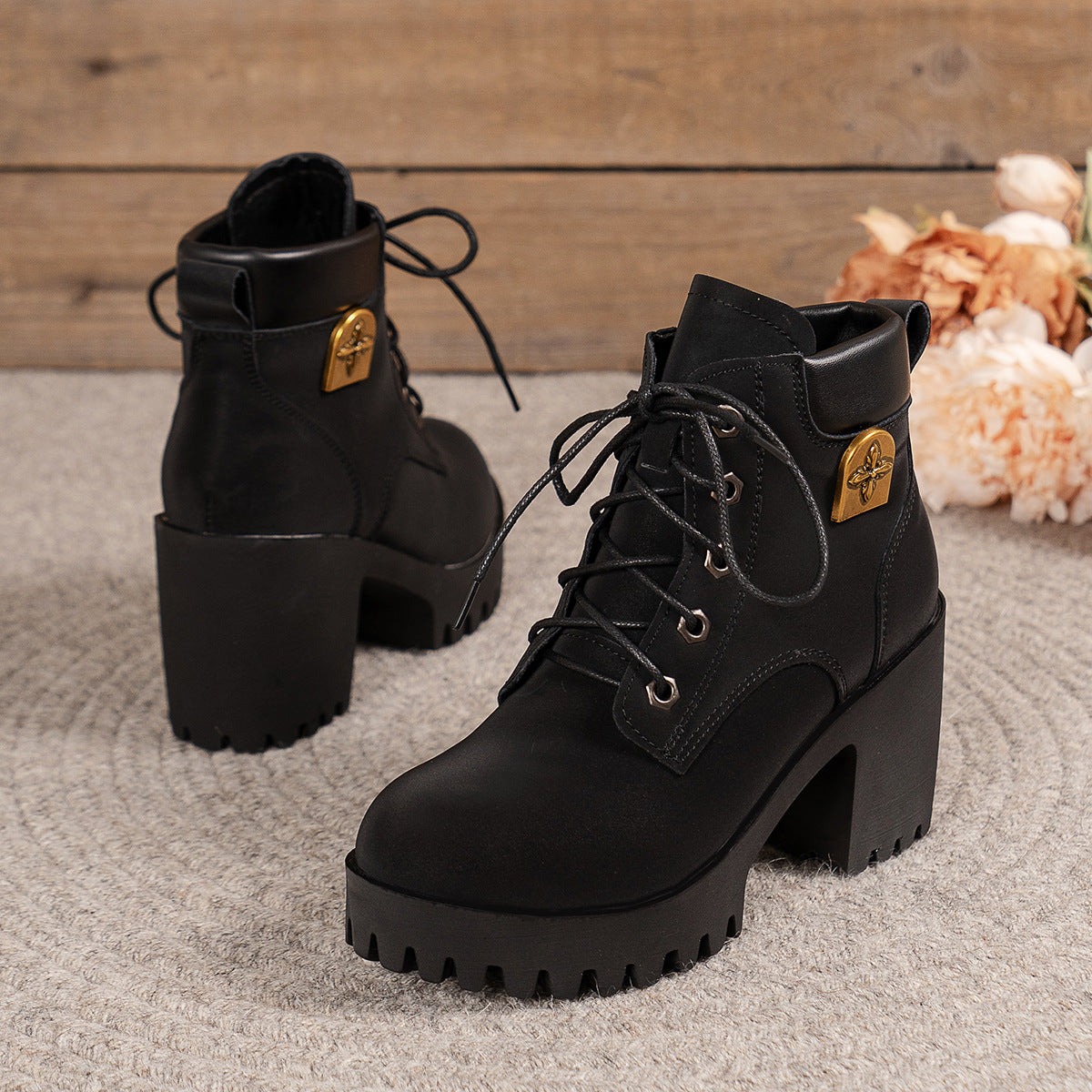 Black chunky heel plus size Martin boots with thick platform and front lace-up design