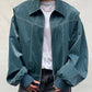 Loose fashion lapel zip-up moto biker leather jacket for women in dark green with long sleeves and zipper closure