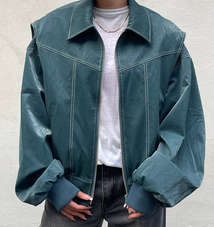 Loose fashion lapel zip-up moto biker leather jacket for women in dark green with long sleeves and zipper closure