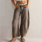 High stretch mid-rise wide leg loose fit denim jeans for women in dark khaki color