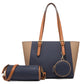 Large capacity three-in-one saffiano bag set with navy and brown color, bucket shape, and double joint straps