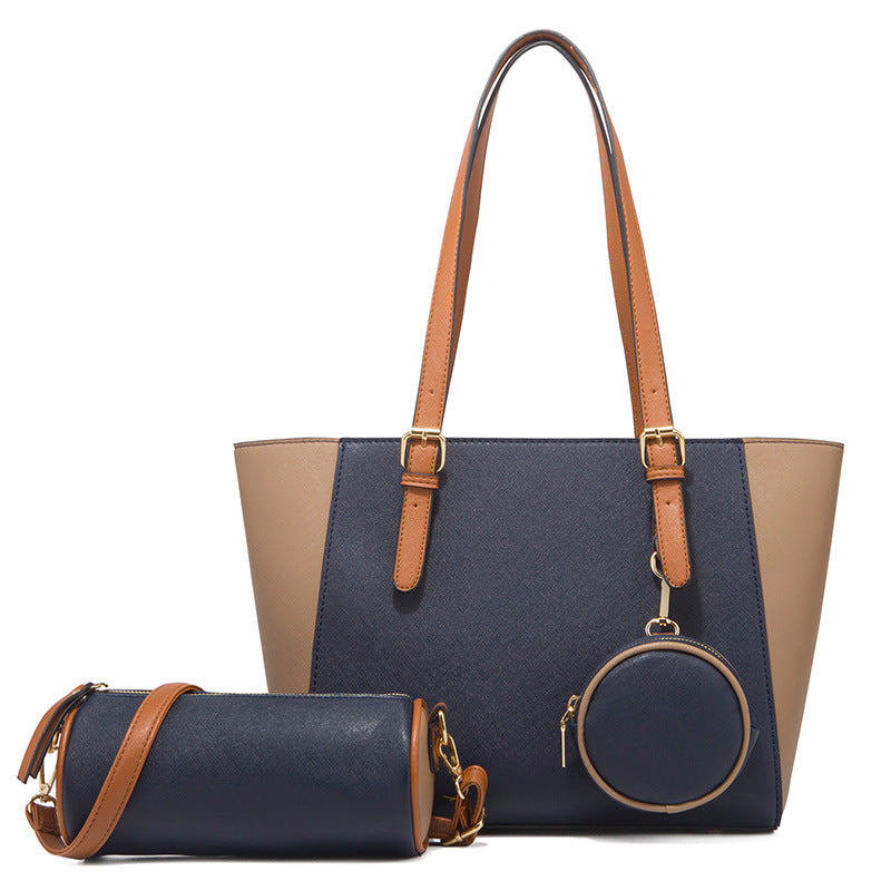 Large capacity three-in-one saffiano bag set with navy and brown color, bucket shape, and double joint straps