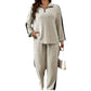 Casual suit women's sweater and wide leg pants two-piece set in light gray polyester with batwing sleeves and black side stripes