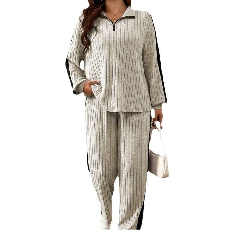 Casual suit women's sweater and wide leg pants two-piece set in light gray polyester with batwing sleeves and black side stripes