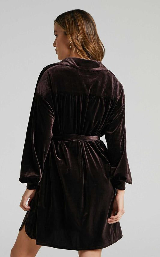 Back view of a woman wearing a dark purple velvet dress with loose waist and lapel collar, women's gold velvet dress style
