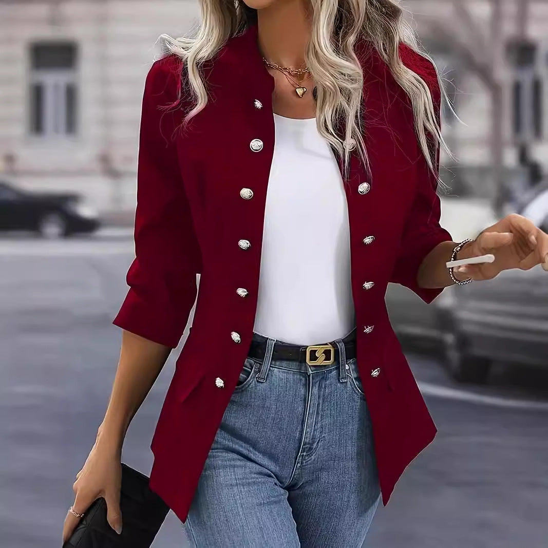 Women’s winter fashion double-breasted stand collar cardigan jacket in wine red polyester with regular long sleeves.