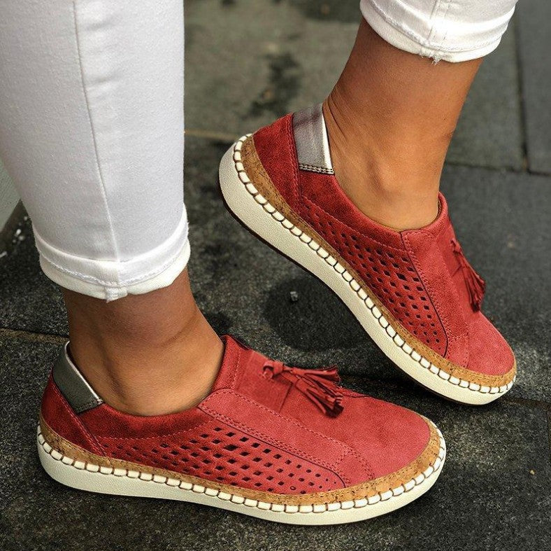 Red Korean style women couple canvas shoes with tassels and flat rubber sole