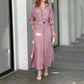 Women's elegant tied solid color high waist long-sleeved shirt dress in pink with asymmetric skirt and pockets