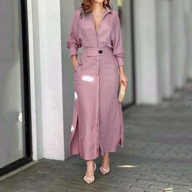 Women's elegant tied solid color high waist long-sleeved shirt dress in pink with asymmetric skirt and pockets