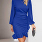 Women's puff long sleeve dress in solid navy blue with slim hip-covering design and ruffled hem