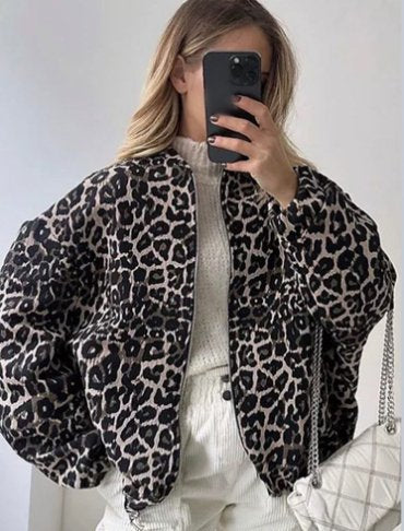 Loose fashion lapel leopard print chenille zip-up jacket for women