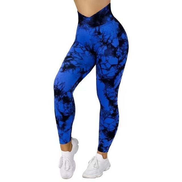 Women's seamless tie dye leggings in blue and black for yoga and fitness