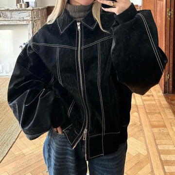 Loose fashion lapel black zip-up jacket with princess sleeves and zipper closure for women