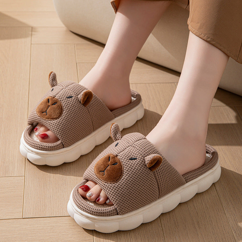 Open toe couple indoor non-slip linen slippers with bear design and cushioned white sole
