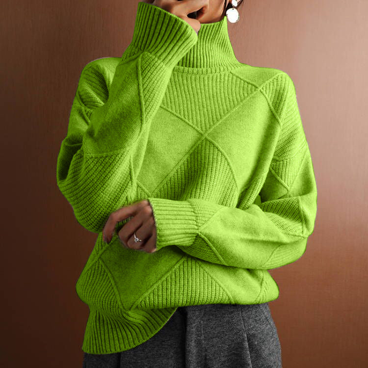 Loose high collar warm knitted sweater for women in bright green