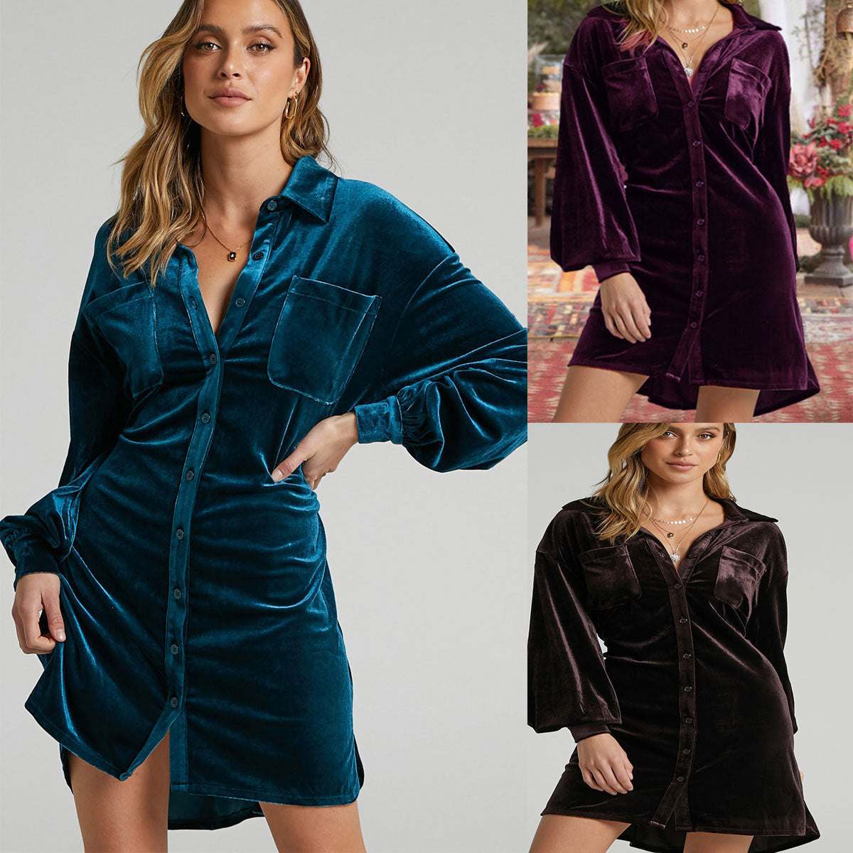 Women's gold velvet dress in blue-green, dark purple, and brown with lapel collar and irregular short skirt design