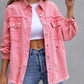 Women's pink ripped shirt jacket autumn spring casual tops polyester fiber loose fit medium length