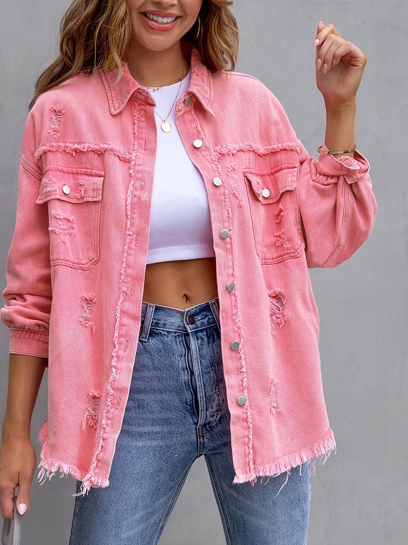 Women's pink ripped shirt jacket autumn spring casual tops polyester fiber loose fit medium length
