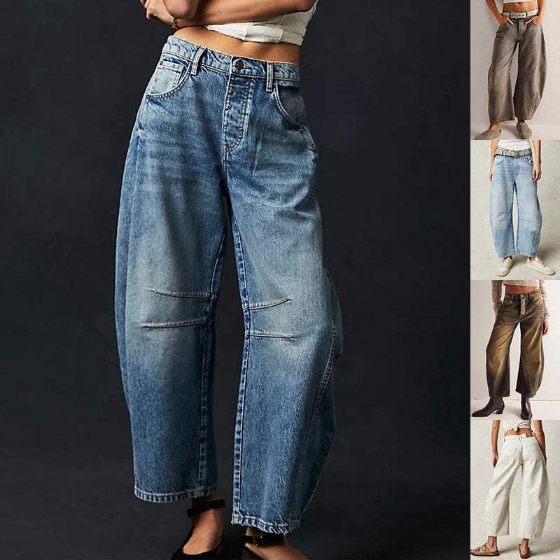 High stretch mid-rise wide-leg denim jeans for women, casual loose fit baggy pants in various colors