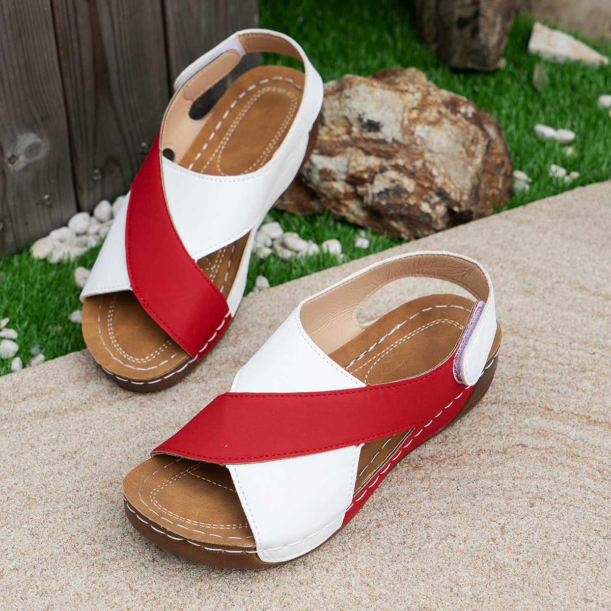 Women's summer wedges sandals with colorblock red and white cross-strap design and thick rubber sole