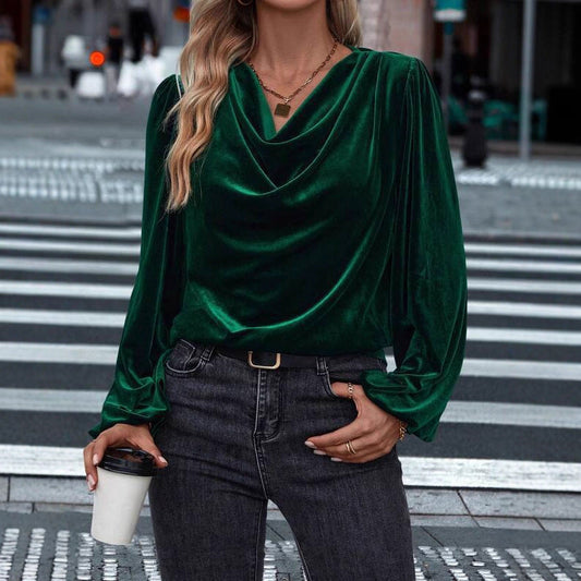 Women's pile collar long sleeve pullover top in green velvet fabric with loose fit