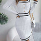 Women's long-sleeved white sweater hip skirt dress with black trim and buttons in knit fabric