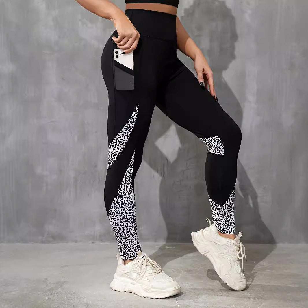 Women’s high waist color contrast patchwork sports leggings with pocket in black and white leopard print design