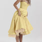 Woman wearing yellow women's V-neck brace sleeveless long puffy dress with high waist and polyester fabric