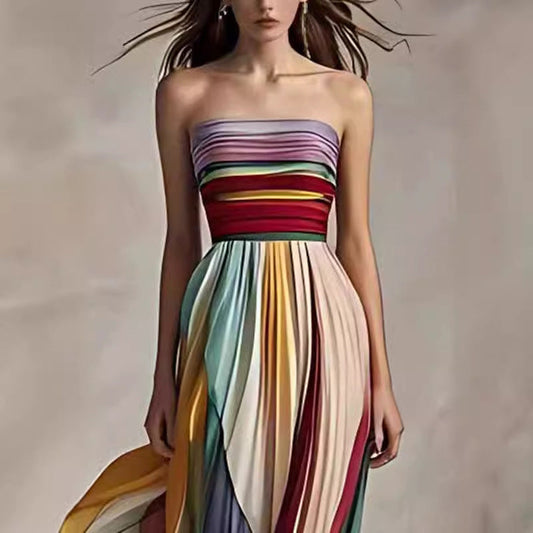 Women's sexy tube top backless printed striped color swing maxi dress polyester fabric