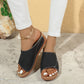 Black summer wedge slides slippers with thick soles and fish mouth design on feet