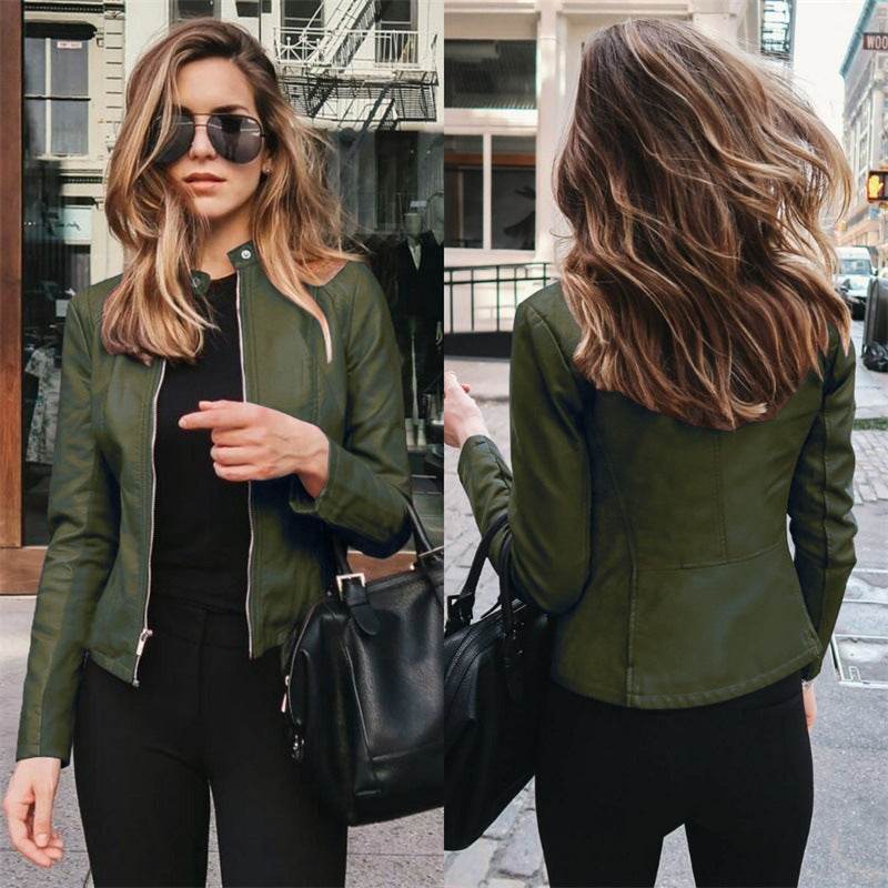 Autumn winter women's green PU leather jacket with zipper, urban casual style, front and back view