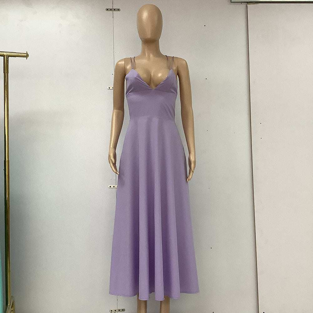 Purple sexy V-neck suspender A-line summer dress for women on mannequin