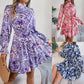 Standing collar floral print waist-controlled ruffled A-line long sleeve dress in pink, purple, and dark blue for spring and autumn
