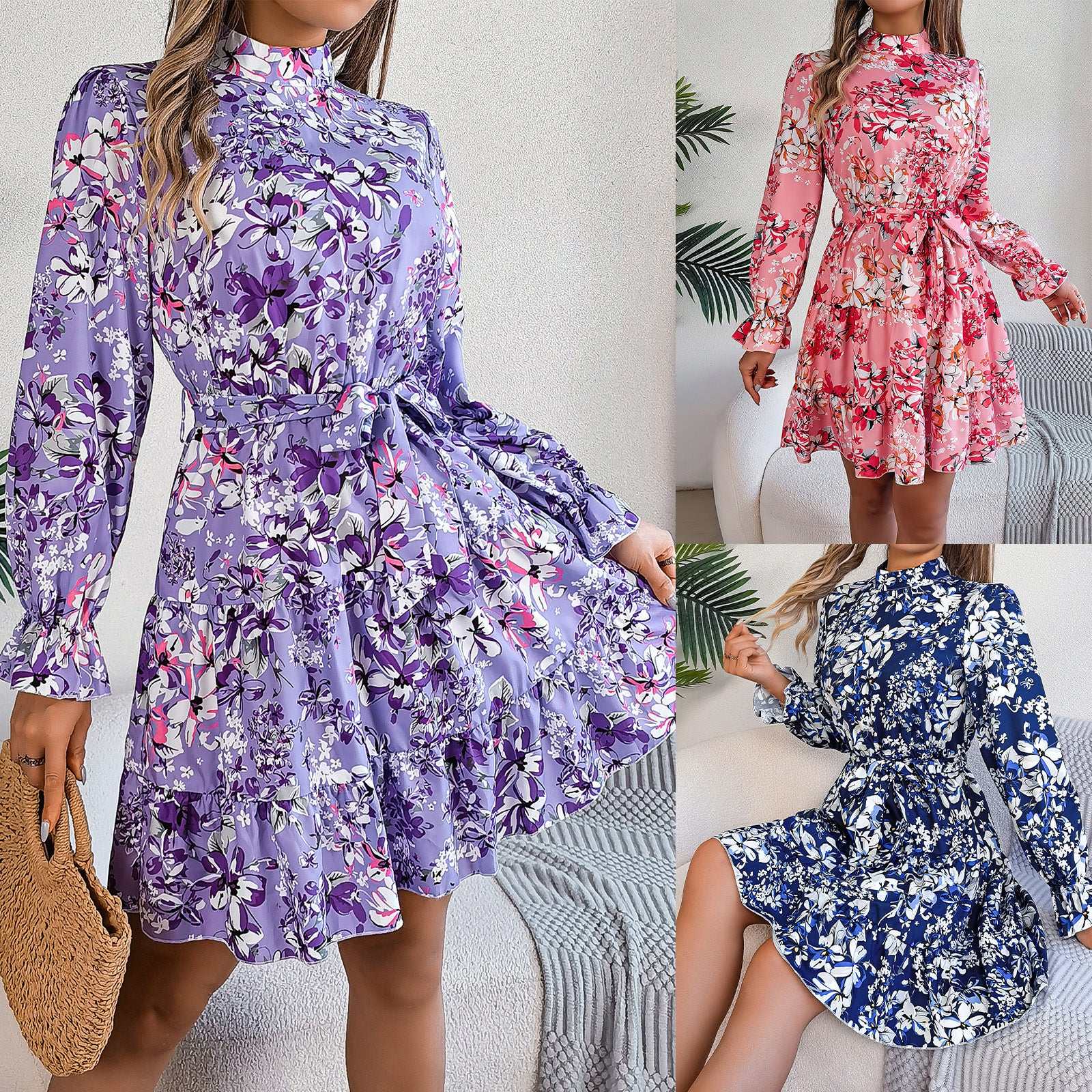 Standing collar floral print waist-controlled ruffled A-line long sleeve dress in pink, purple, and dark blue for spring and autumn