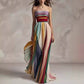 women's sexy tube top backless striped colorful swing maxi dress polyester sleeveless high waist A-line skirt
