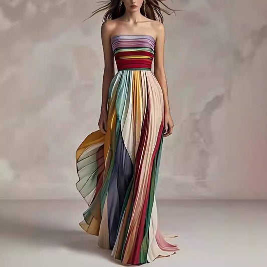 women's sexy tube top backless striped colorful swing maxi dress polyester sleeveless high waist A-line skirt