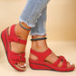 Red wedge sandals with velcro straps for women, casual breathable platform summer shoes