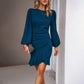 Women's puff long sleeve navy blue slim hip-covering short dress with ruffle hem