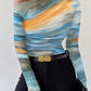 Women’s asymmetrical neck print long sleeve t-shirt with ruched slim fit and tie dye pattern