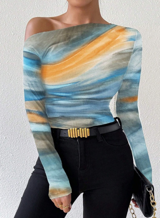 Women’s asymmetrical neck print long sleeve t-shirt with ruched slim fit and tie dye pattern