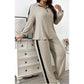Casual suit women's sweater and wide leg pants two-piece set in khaki polyester with batwing sleeves and black side stripes