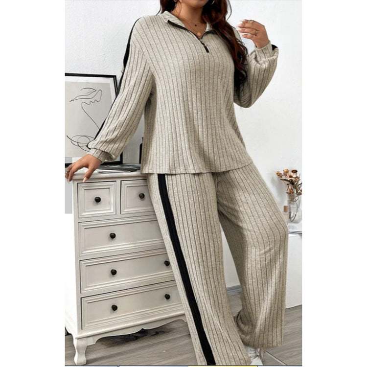 Casual suit women's sweater and wide leg pants two-piece set in khaki polyester with batwing sleeves and black side stripes